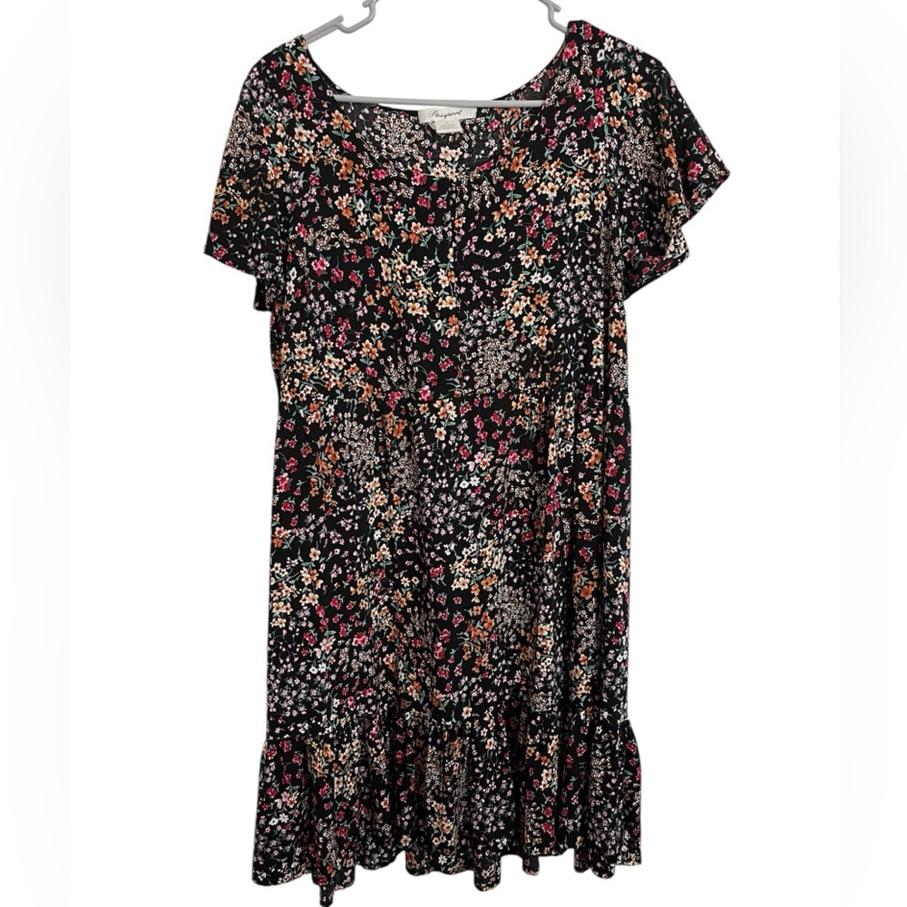Passport 1X Floral Print Dress on Black Background, Cap Sleeves Tiered